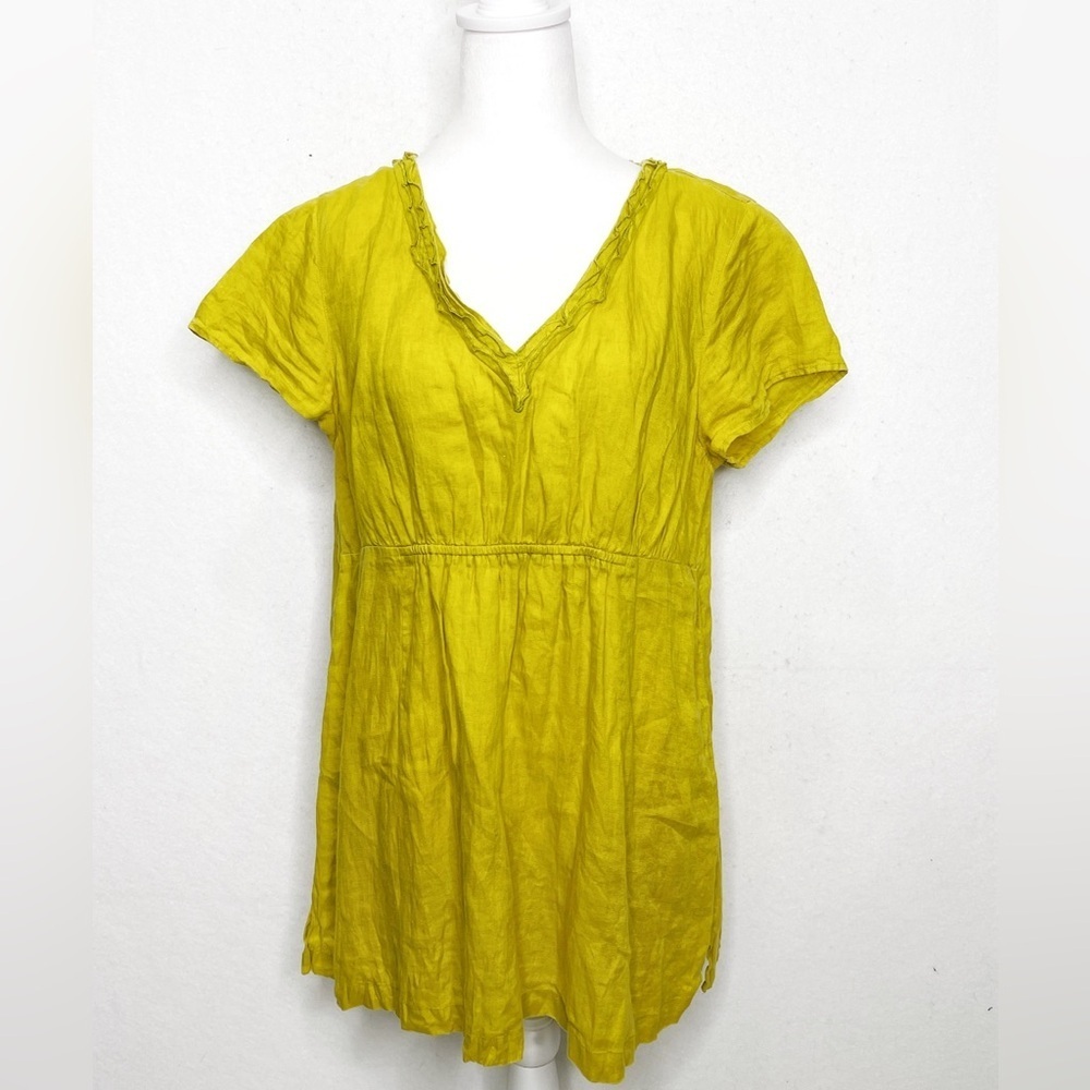 Boden Linen Shortsleeve V-Neck Tunic Top Size 12 Chartreuse